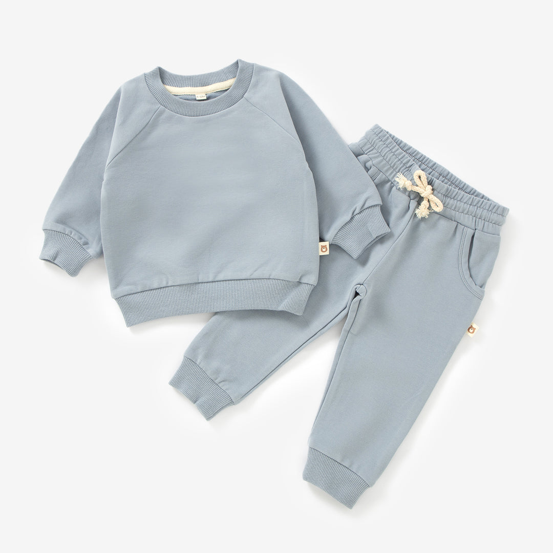 JBØRN Organic Cotton Baby Tracksuit | Sweater & Joggers Set | Personalisable Stone Blue - Personalisable Baby Products Sold and Personalised by JustBørn