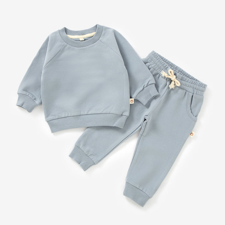 JBØRN Organic Cotton Baby Tracksuit | Sweater & Joggers Set | Personalisable Stone Blue - Personalisable Baby Products Sold and Personalised by JustBørn