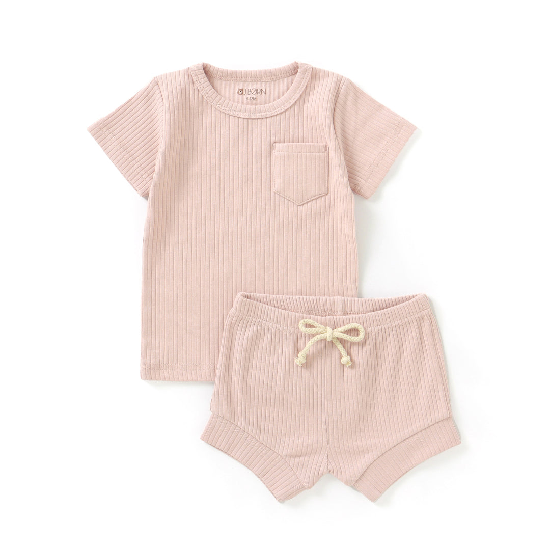 JBØRN Organic Cotton Ribbed Baby T-Shirt & Shorts Set ribbed Blush - Personalisable Baby Products Sold and Personalised by JustBørn