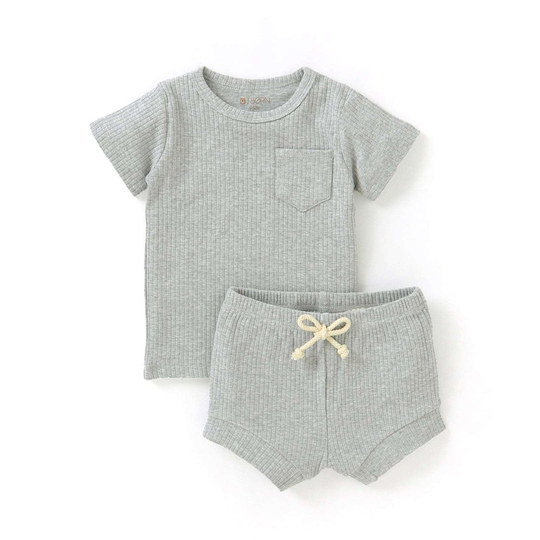 JBØRN Organic Cotton Ribbed Baby T-Shirt & Shorts Set ribbed Grey - Personalisable Baby Products Sold and Personalised by JustBørn