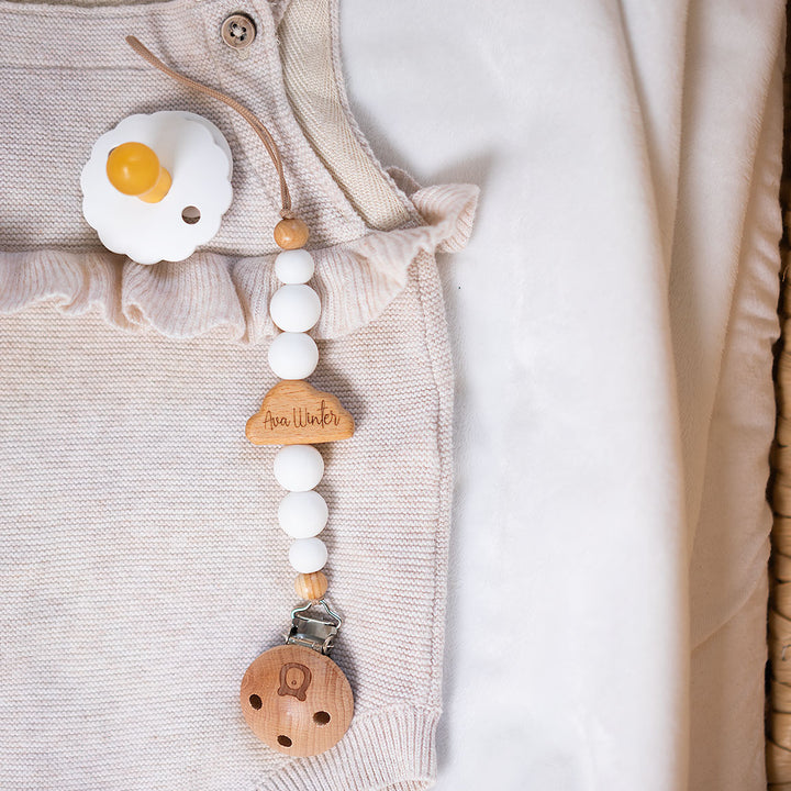 White JBØRN CLOUD Pacifier Clip | Personalisable by Just Børn sold by Just Børn