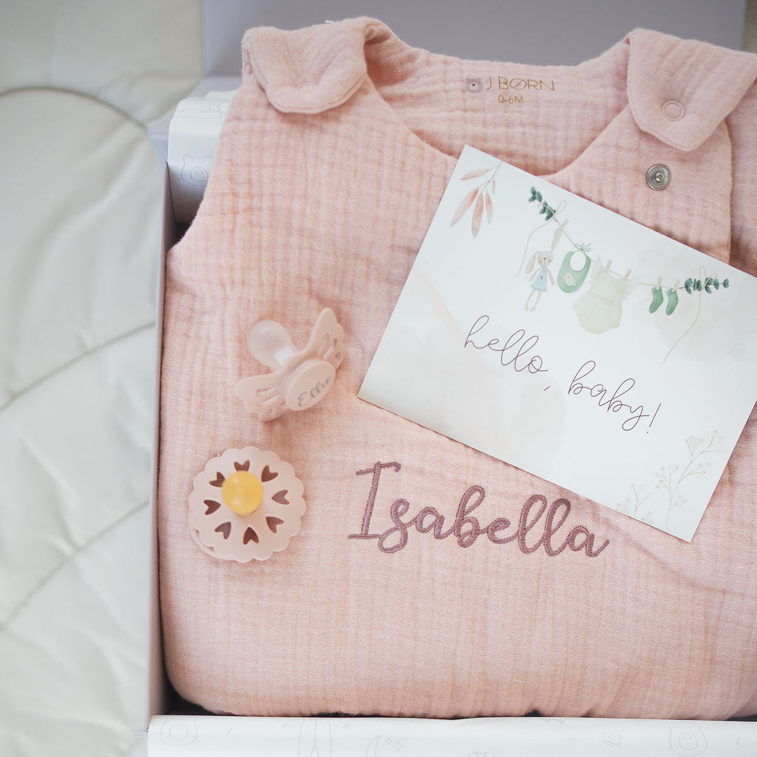 JBØRN Organic Cotton Muslin Sleep Bag & First Pacifiers Gift Set - Personalisable Baby Products Sold and Personalised by JustBørn
