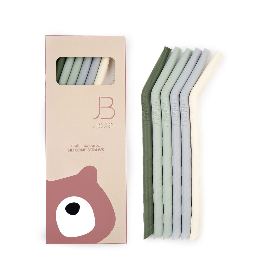 JBØRN Silicone Straws (Bent) x6 with Cleaning Brush Green Mix - Personalisable Baby Products Sold and Personalised by JustBørn