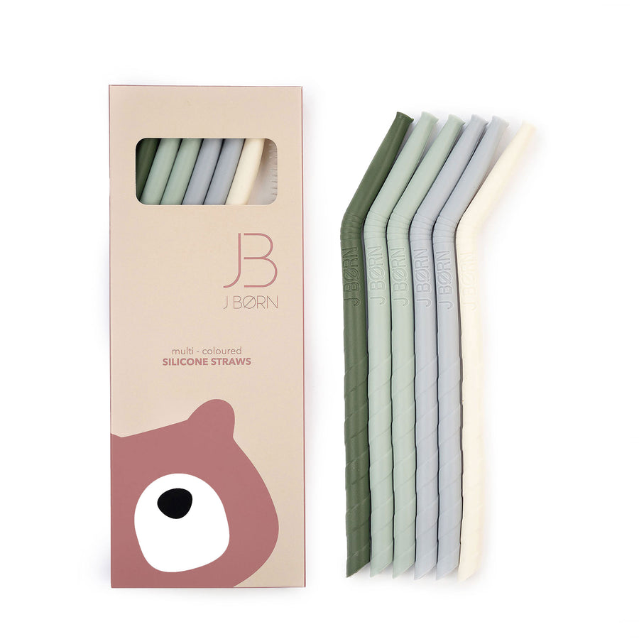 JBØRN Silicone Straws (Bent) x6 with Cleaning Brush Green Mix - Personalisable Baby Products Sold and Personalised by JustBørn