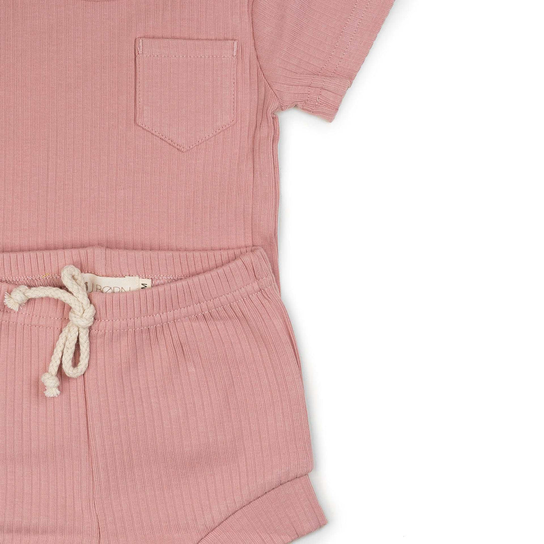 JBØRN Organic Cotton Ribbed Baby T-Shirt & Shorts Set ribbed Powder Blush - Personalisable Baby Products Sold and Personalised by JustBørn
