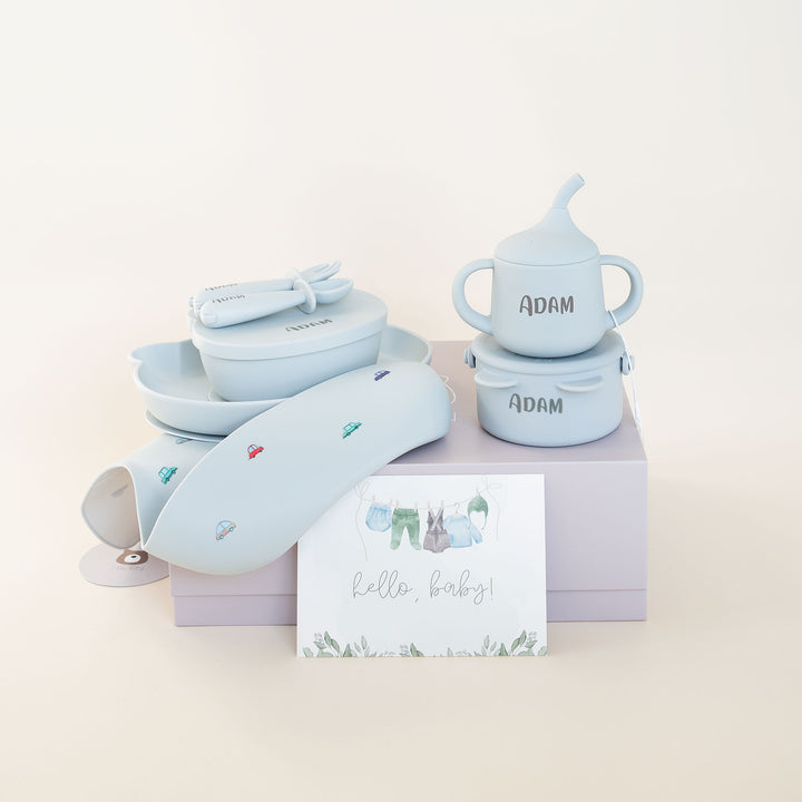 JBØRN Baby Weaning Full Essentials Gift Box Powder Blue Cars - Personalisable Baby Products Sold and Personalised by JustBørn