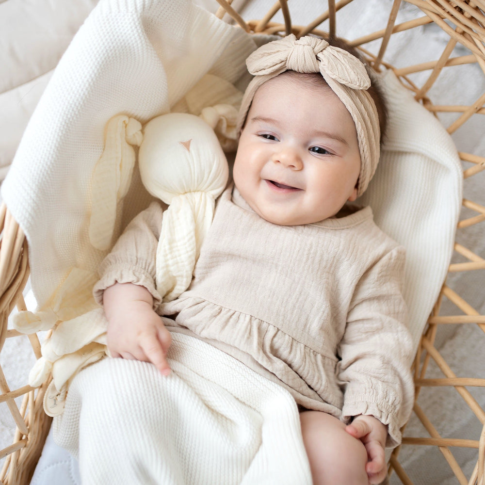 JBØRN Organic Cotton Muslin Baby Girl Dress and Bow 0-3 Months Sandstone Muslin - Personalisable Baby Products Sold and Personalised by JustBørn