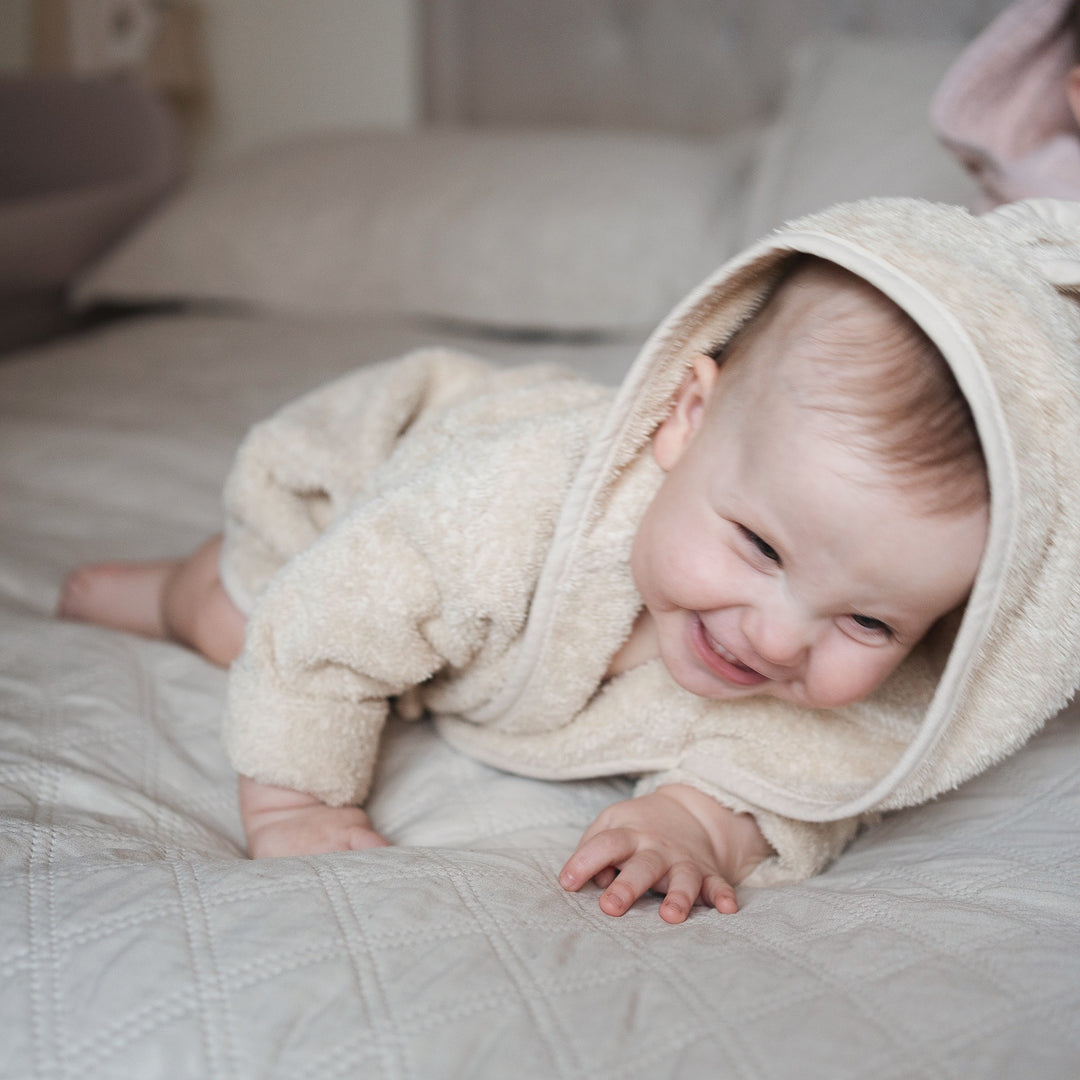 JBØRN Organic Cotton Baby Hooded Towelling Bathrobe Vanilla - Personalisable Baby Products Sold and Personalised by JustBørn