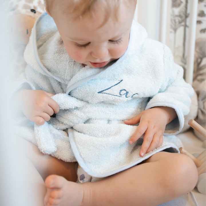 JBØRN Organic Cotton Baby Hooded Towelling Bathrobe Baby Blue - Personalisable Baby Products Sold and Personalised by JustBørn