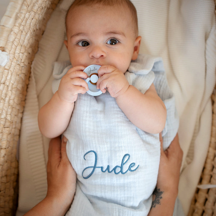 JBØRN Organic Cotton Muslin Sleep Bag | 0-6 Months Powder Blue - Personalisable Baby Products Sold and Personalised by JustBørn