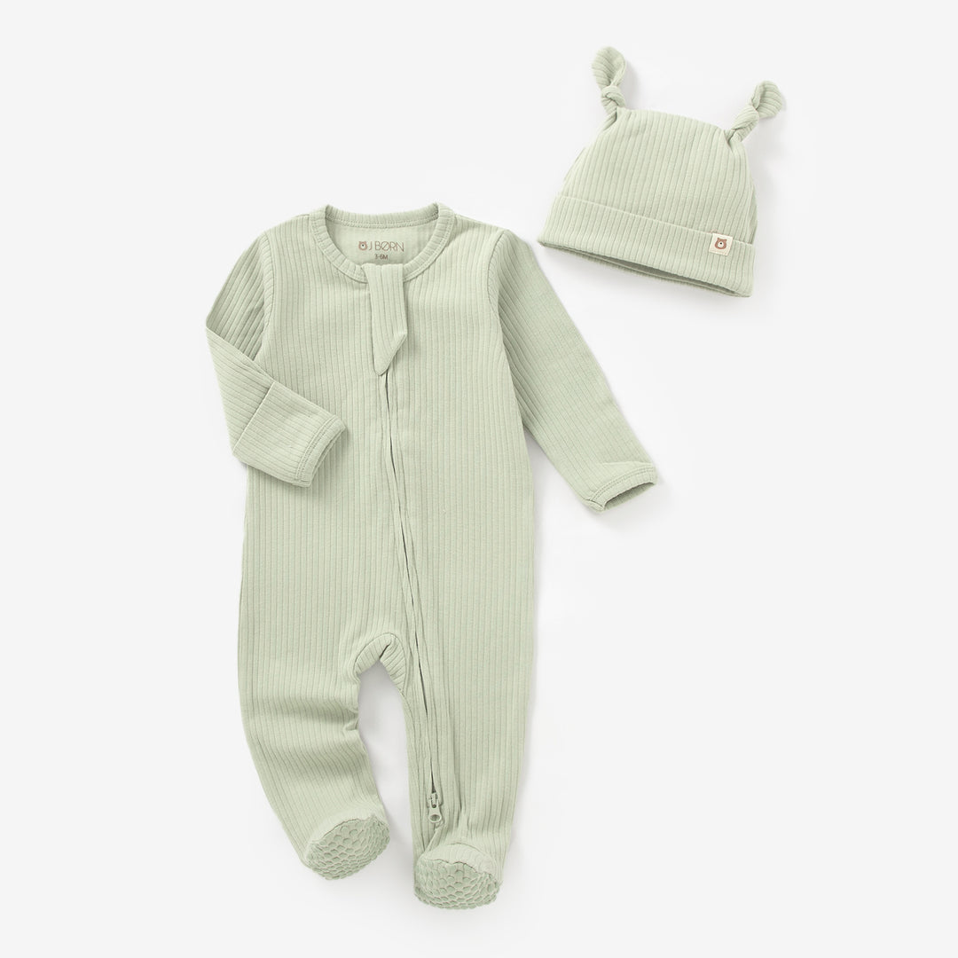 Ribbed Pistachio JBØRN Organic Cotton Ribbed Baby Sleep Suit and Hat by Just Børn sold by Just Børn