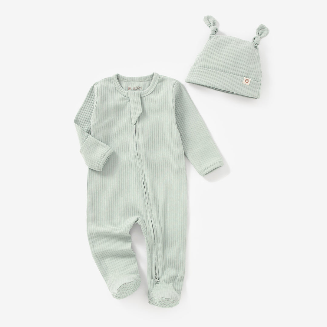 Ribbed Sage JBØRN Organic Cotton Ribbed Baby Sleep Suit and Hat by Just Børn sold by Just Børn