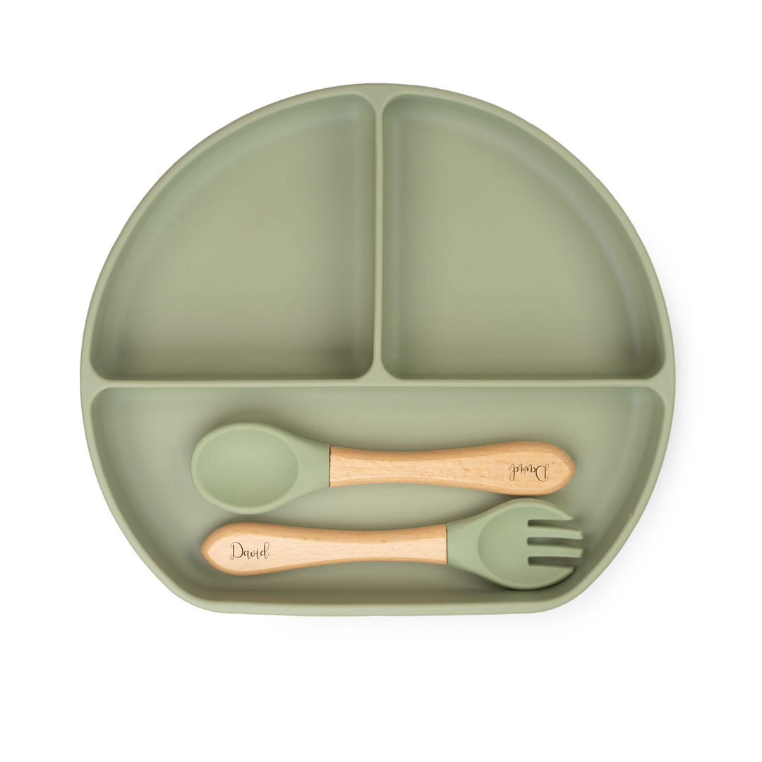 Sage JBØRN Silicone Sectioned Plate and Cutlery | Weaning Set | Personalisable by Just Børn sold by Just Børn