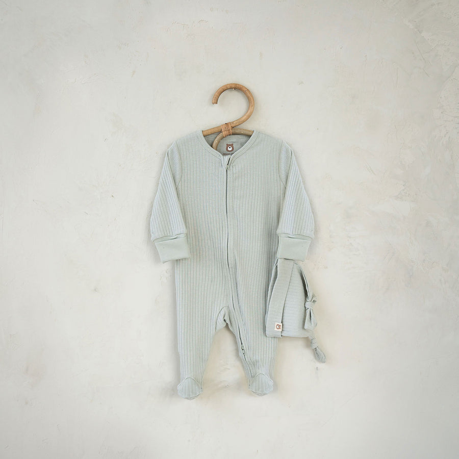 JBØRN Organic Cotton Ribbed Lightweight Sleep Suit and Hat 0-3 months Ribbed Sage - Personalisable Baby Products Sold and Personalised by JustBørn