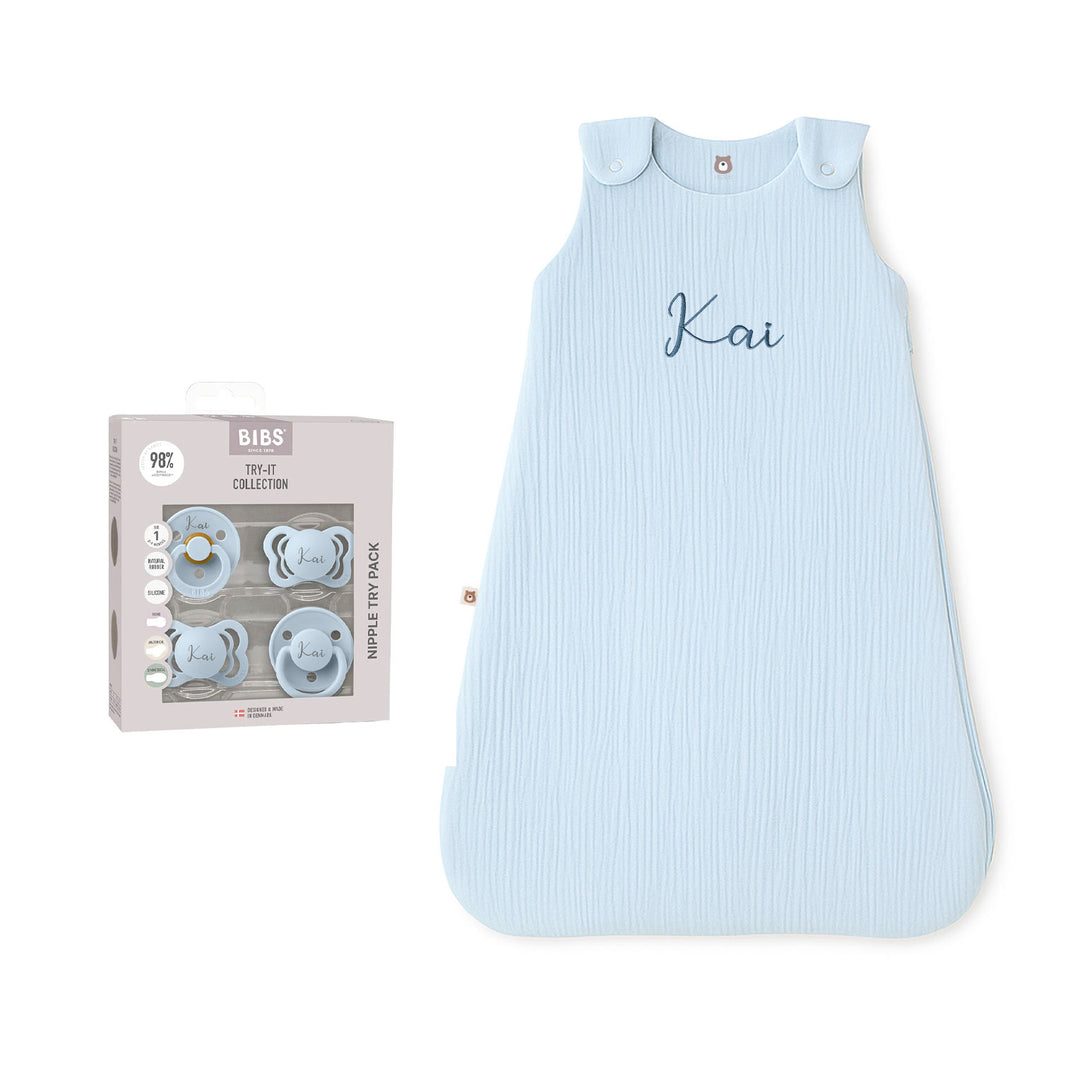 JBØRN Organic Cotton Muslin Sleep Bag & First Pacifiers Gift Set Powder Blue BIBS Try It Collection - Personalisable Baby Products Sold and Personalised by JustBørn