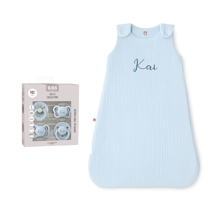 JBØRN Organic Cotton Muslin Sleep Bag & First Pacifiers Gift Set Powder Blue BIBS Try It Collection - Personalisable Baby Products Sold and Personalised by JustBørn