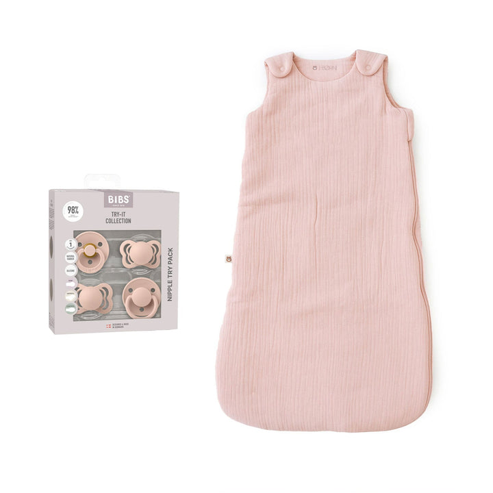JBØRN Organic Cotton Muslin Sleep Bag & First Pacifiers Gift Set Blush BIBS Try It Collection No - Personalisable Baby Products Sold and Personalised by JustBørn