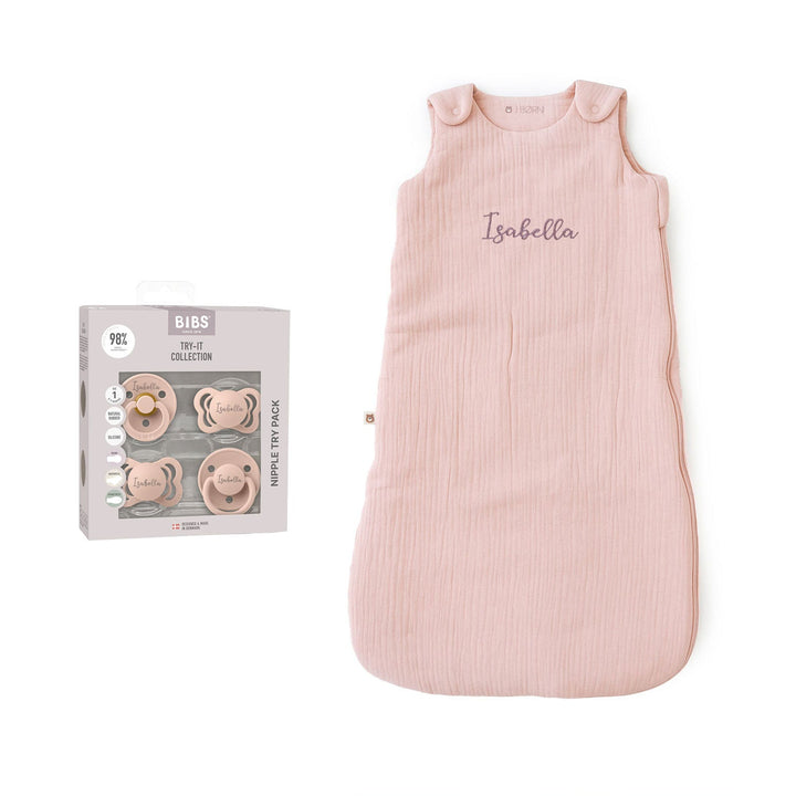 JBØRN Organic Cotton Muslin Sleep Bag & First Pacifiers Gift Set Blush BIBS Try It Collection Yes - Personalisable Baby Products Sold and Personalised by JustBørn