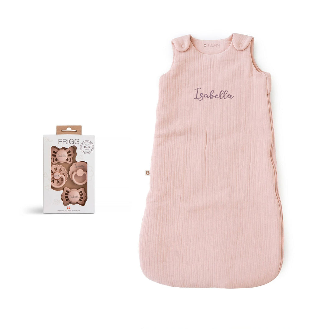 JBØRN Organic Cotton Muslin Sleep Bag & First Pacifiers Gift Set Blush Frigg First Pacifiers Yes - Personalisable Baby Products Sold and Personalised by JustBørn