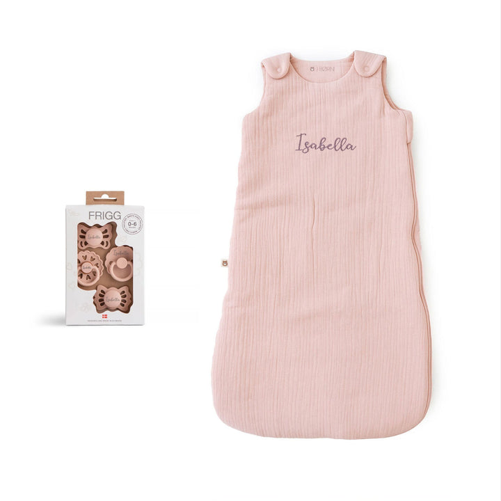 JBØRN Organic Cotton Muslin Sleep Bag & First Pacifiers Gift Set Blush Frigg First Pacifiers Yes - Personalisable Baby Products Sold and Personalised by JustBørn