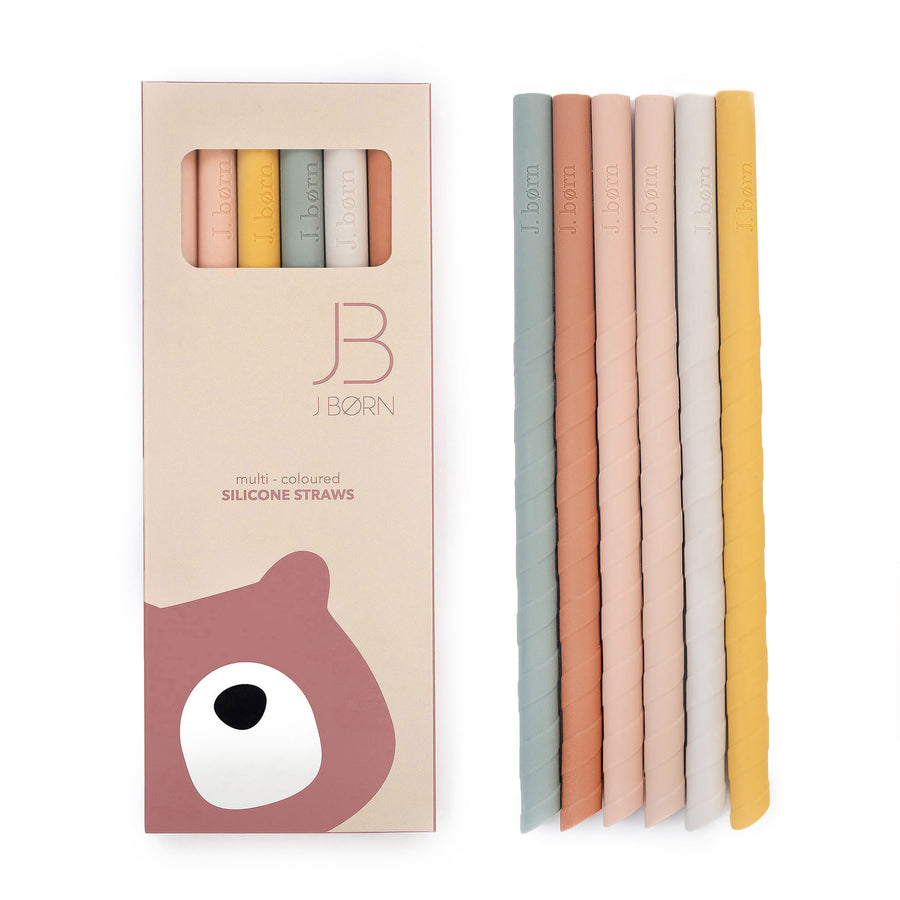 JBØRN Silicone Straws (Straight) x6 with Cleaning Brush & Pouch Blush Mix - Personalisable Baby Products Sold and Personalised by JustBørn