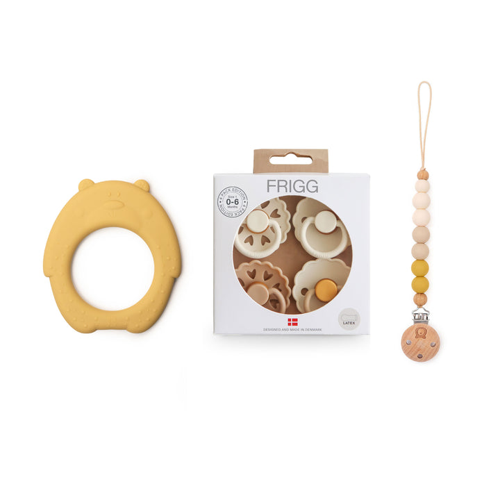 JBØRN Honey Bear Teether + FRIGG Pacifiers & Matching Clip No - Personalisable Baby Products Sold and Personalised by JustBørn