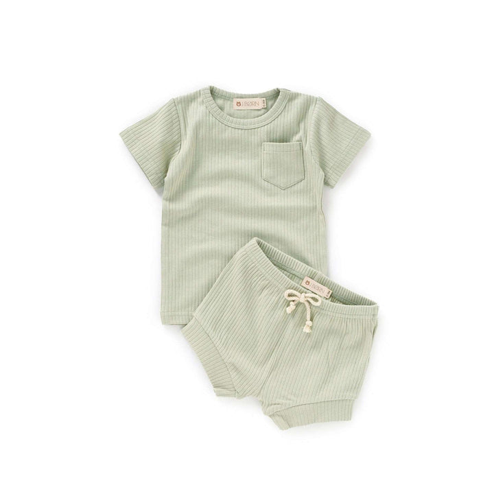 JBØRN Organic Cotton Ribbed Baby T-Shirt & Shorts Set ribbed Sage - Personalisable Baby Products Sold and Personalised by JustBørn