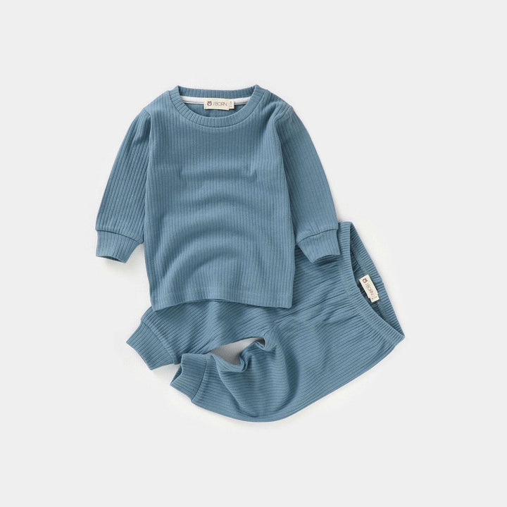 JBØRN Organic Cotton Ribbed Baby Pyjamas Ocean Blue - Personalisable Baby Products Sold and Personalised by JustBørn