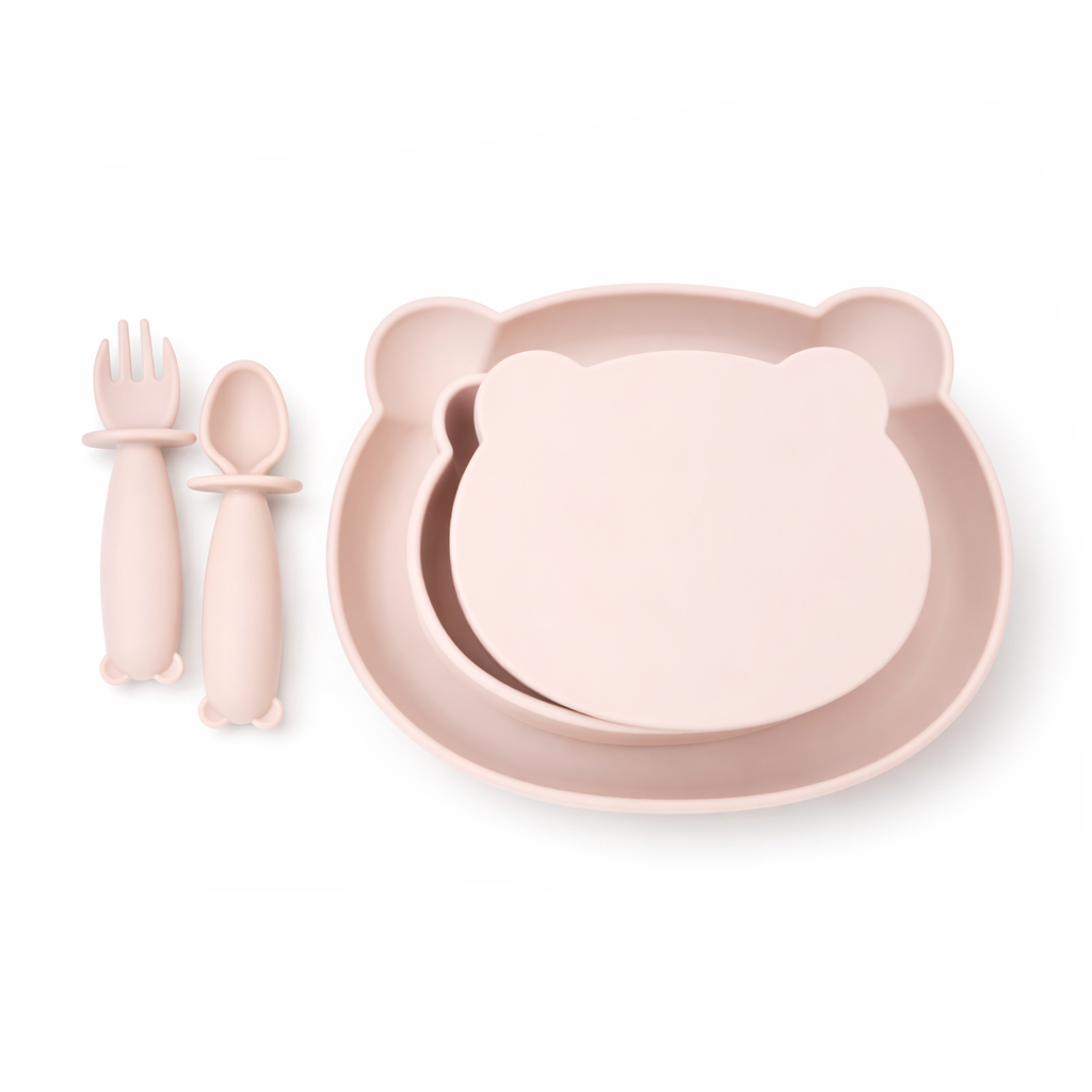 JBØRN 4-Piece Silicone Weaning Set | Suction Bowl with Lid, Plate & Cutlery 4-Piece Set | Blush - Personalisable Baby Products Sold and Personalised by JustBørn
