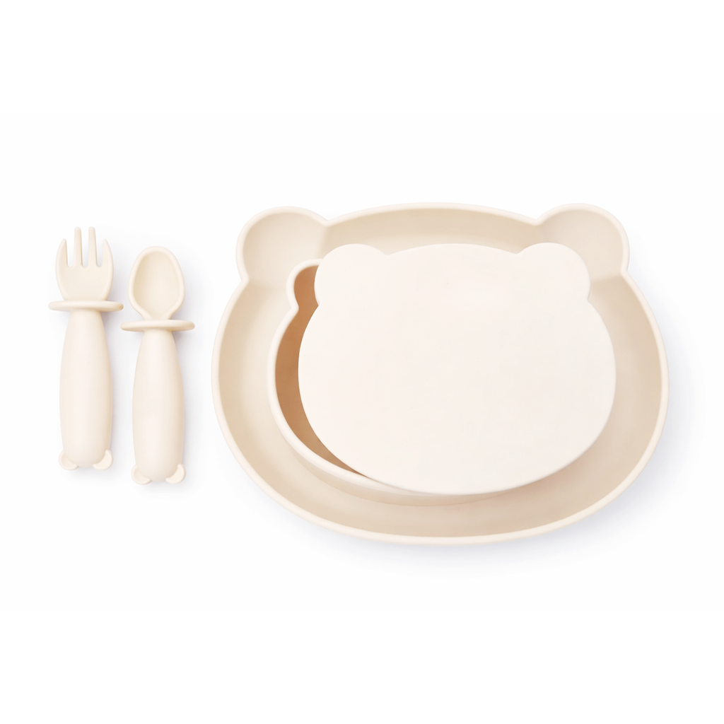 JBØRN 4-Piece Silicone Weaning Set | Suction Bowl with Lid, Plate & Cutlery 4-Piece Set | Ivory - Personalisable Baby Products Sold and Personalised by JustBørn
