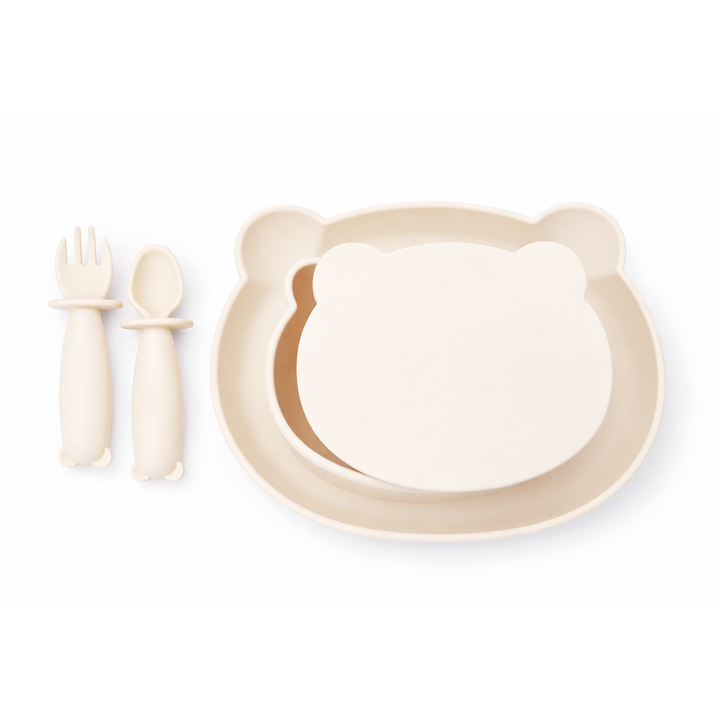 JBØRN 4-Piece Silicone Weaning Set | Suction Bowl with Lid, Plate & Cutlery 4-Piece Set | Ivory - Personalisable Baby Products Sold and Personalised by JustBørn