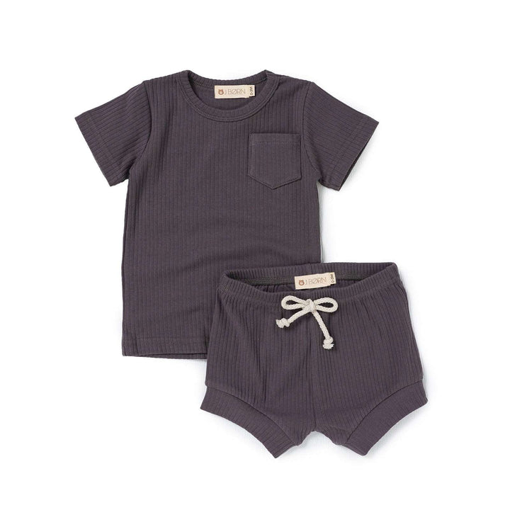 JBØRN Organic Cotton Ribbed Baby T-Shirt & Shorts Set 0-3m ribbed Dark Mauve - Personalisable Baby Products Sold and Personalised by JustBørn