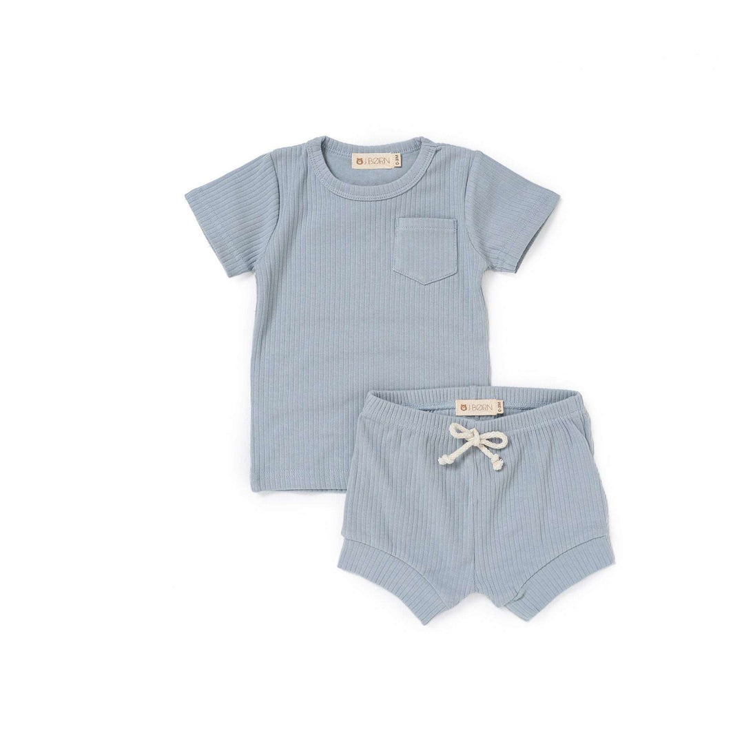 JBØRN Organic Cotton Ribbed Baby T-Shirt & Shorts Set ribbed Cloud - Personalisable Baby Products Sold and Personalised by JustBørn