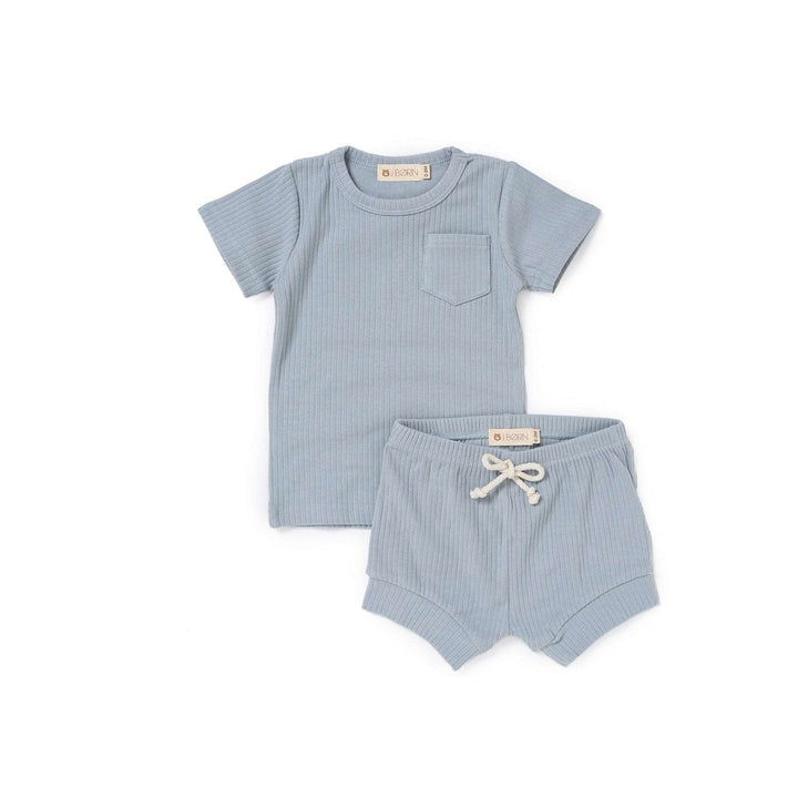 JBØRN Organic Cotton Ribbed Baby T-Shirt & Shorts Set ribbed Cloud - Personalisable Baby Products Sold and Personalised by JustBørn