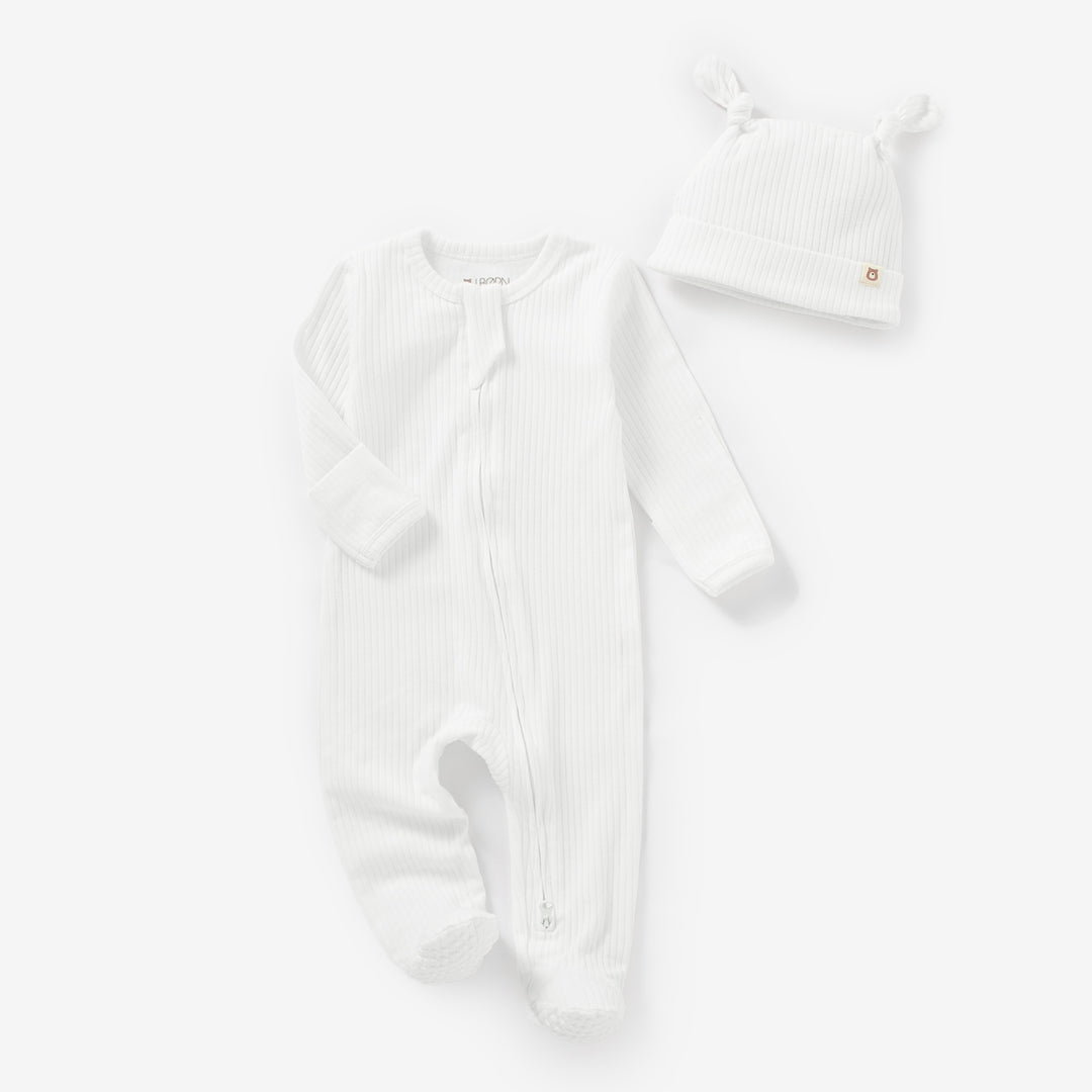 Ribbed White JBØRN Organic Cotton Ribbed Baby Sleep Suit and Hat by Just Børn sold by Just Børn