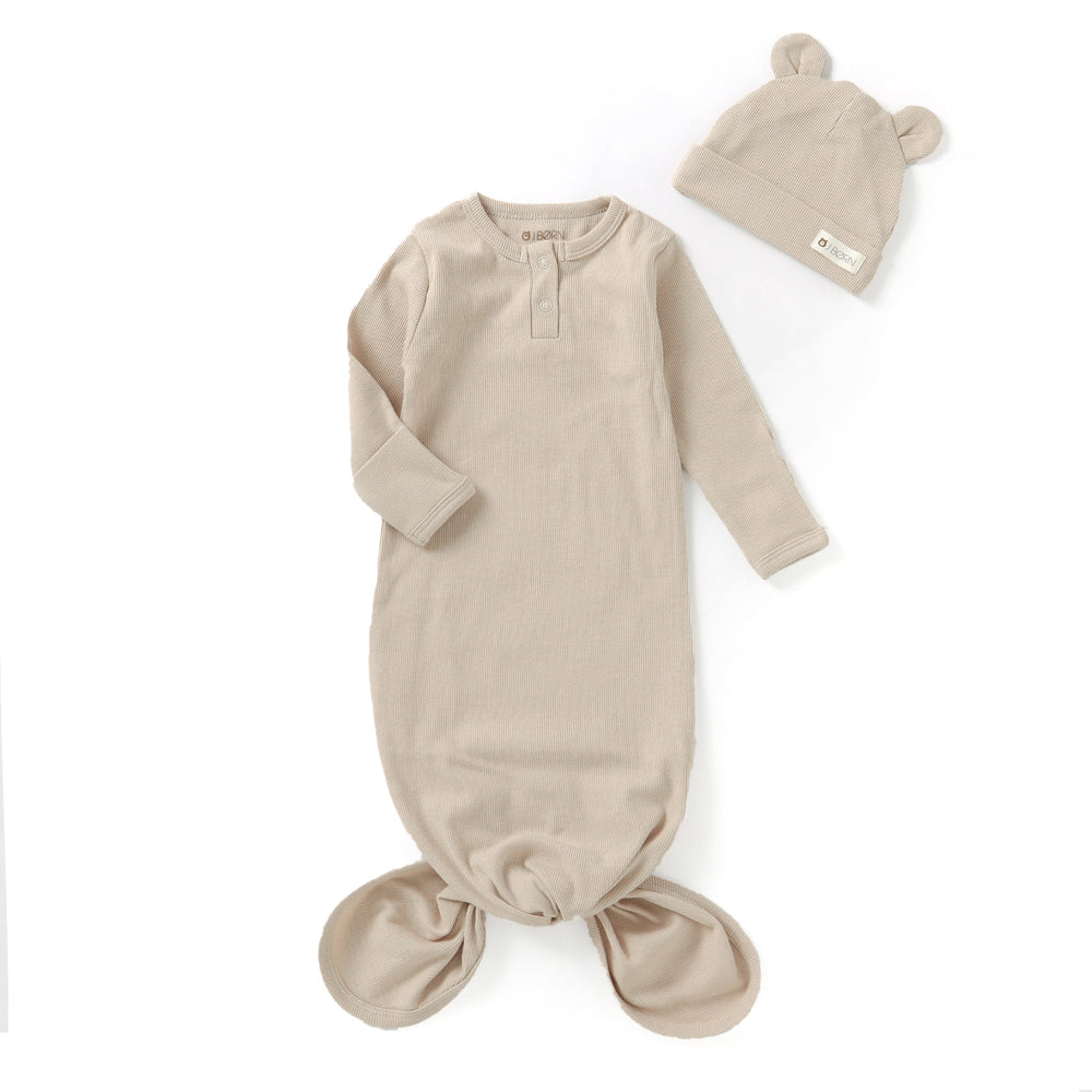 Sandstone JBØRN Organic Cotton Knotted Baby Gown & Hat by Just Børn sold by Just Børn