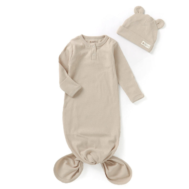 Sandstone JBØRN Organic Cotton Knotted Baby Gown & Hat by Just Børn sold by Just Børn