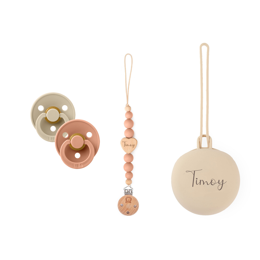 BIBS x JBØRN Set | 2 Pack Pacifiers with Matching Holders Vanilla & Peach Set - Personalisable Baby Products Sold and Personalised by JustBørn
