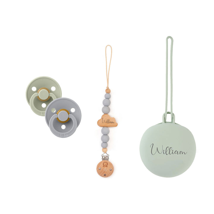 BIBS x JBØRN Set | 2 Pack Pacifiers with Matching Holders Sage - Personalisable Baby Products Sold and Personalised by JustBørn