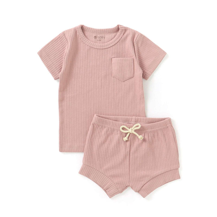 JBØRN Organic Cotton Ribbed Baby T-Shirt & Shorts Set ribbed Powder Blush - Personalisable Baby Products Sold and Personalised by JustBørn
