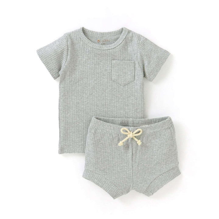 JBØRN Organic Cotton Ribbed Baby T-Shirt & Shorts Set ribbed Grey - Personalisable Baby Products Sold and Personalised by JustBørn