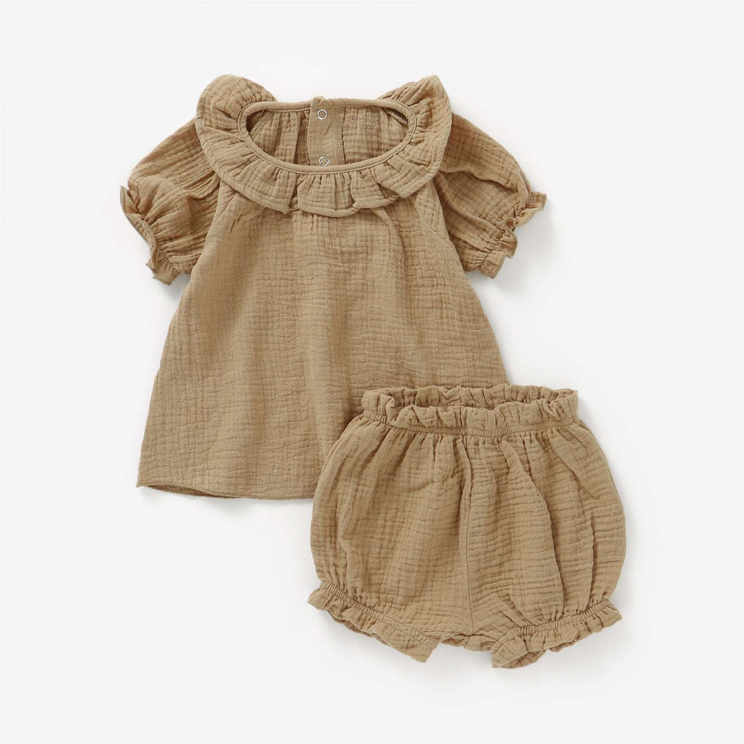 Cappuccino JBØRN Organic Cotton Muslin Baby Girl Outfit by Just Børn sold by Just Børn