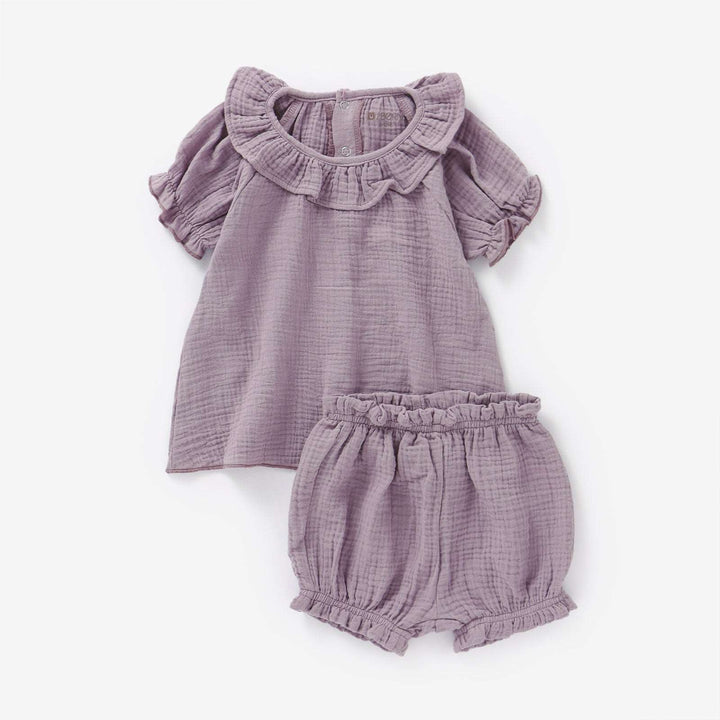 Dusky Lilac JBØRN Organic Cotton Muslin Baby Girl Outfit by Just Børn sold by Just Børn