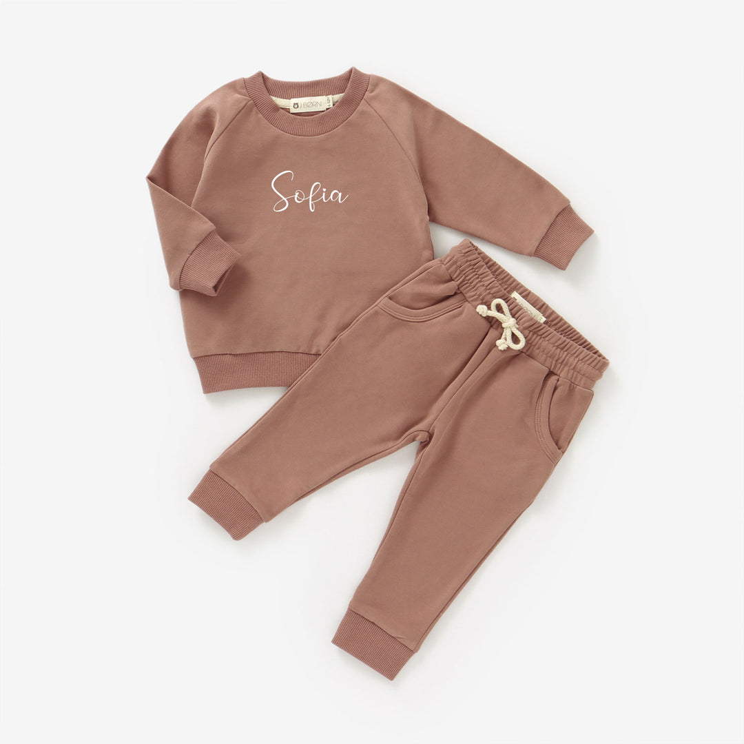 JBØRN Organic Cotton Baby Tracksuit | Sweater & Joggers Set | Personalisable Peach Bronze - Personalisable Baby Products Sold and Personalised by JustBørn