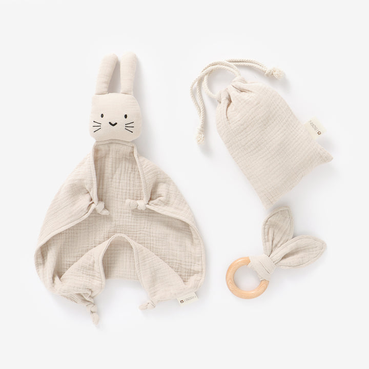 Sandstone Muslin JBØRN Organic Cotton Bunny Comforter & Teether Set by Just Børn sold by Just Børn