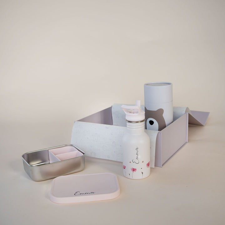 JBØRN Personalised Water Bottle & Lunch Box Set | Gift Box Poppy Flowers - Personalisable Baby Products Sold and Personalised by JustBørn