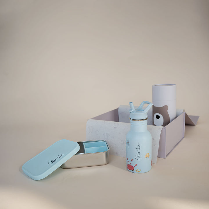 JBØRN Personalised Water Bottle & Lunch Box Set | Gift Box Ocean - Personalisable Baby Products Sold and Personalised by JustBørn