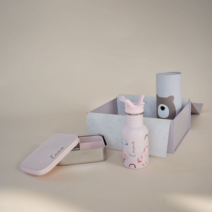 JBØRN Personalised Water Bottle & Lunch Box Set | Gift Box Unicorns - Personalisable Baby Products Sold and Personalised by JustBørn