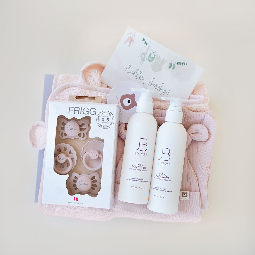 JBØRN Gift Set 0-3 Months | First Pacifiers, Organic Cotton Towel, Sleep Suit & Skin Care Set Blossom - Personalisable Baby Products Sold and Personalised by JustBørn