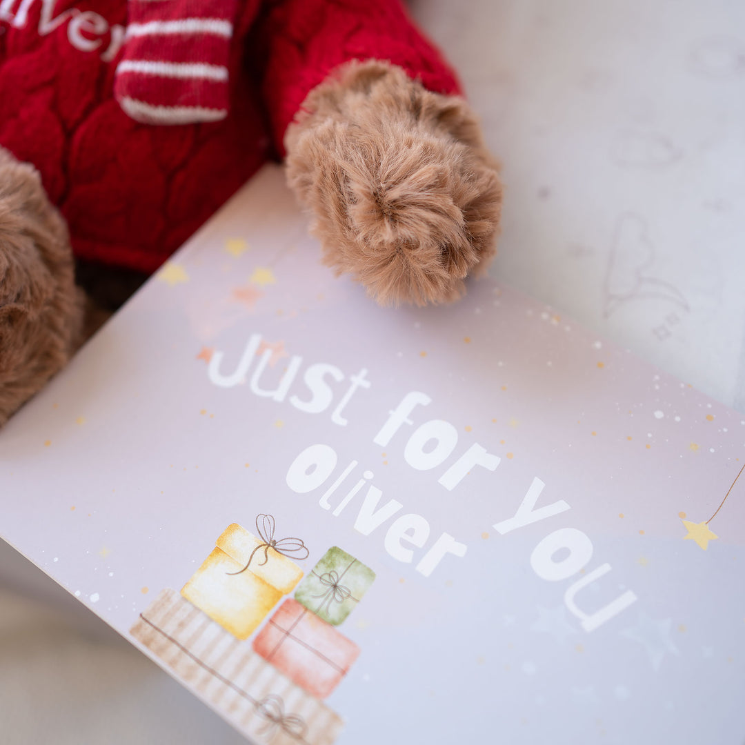 JBØRN Christmas Teddy Bear Soft Toy with Personalised Festive Outfit - Personalisable Baby Products Sold and Personalised by JustBørn